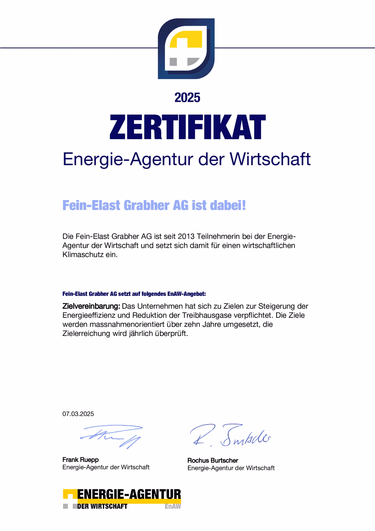 Zertifikat der Energie-Agentur der Wirtschaft 2025