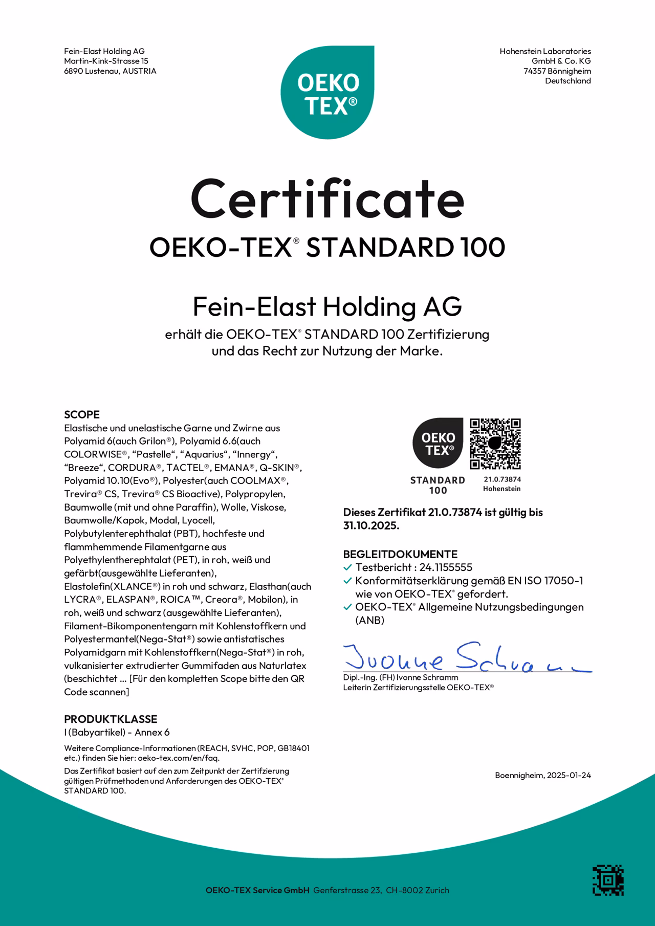 Zertifikat OEKO-TEX STANDARD 100