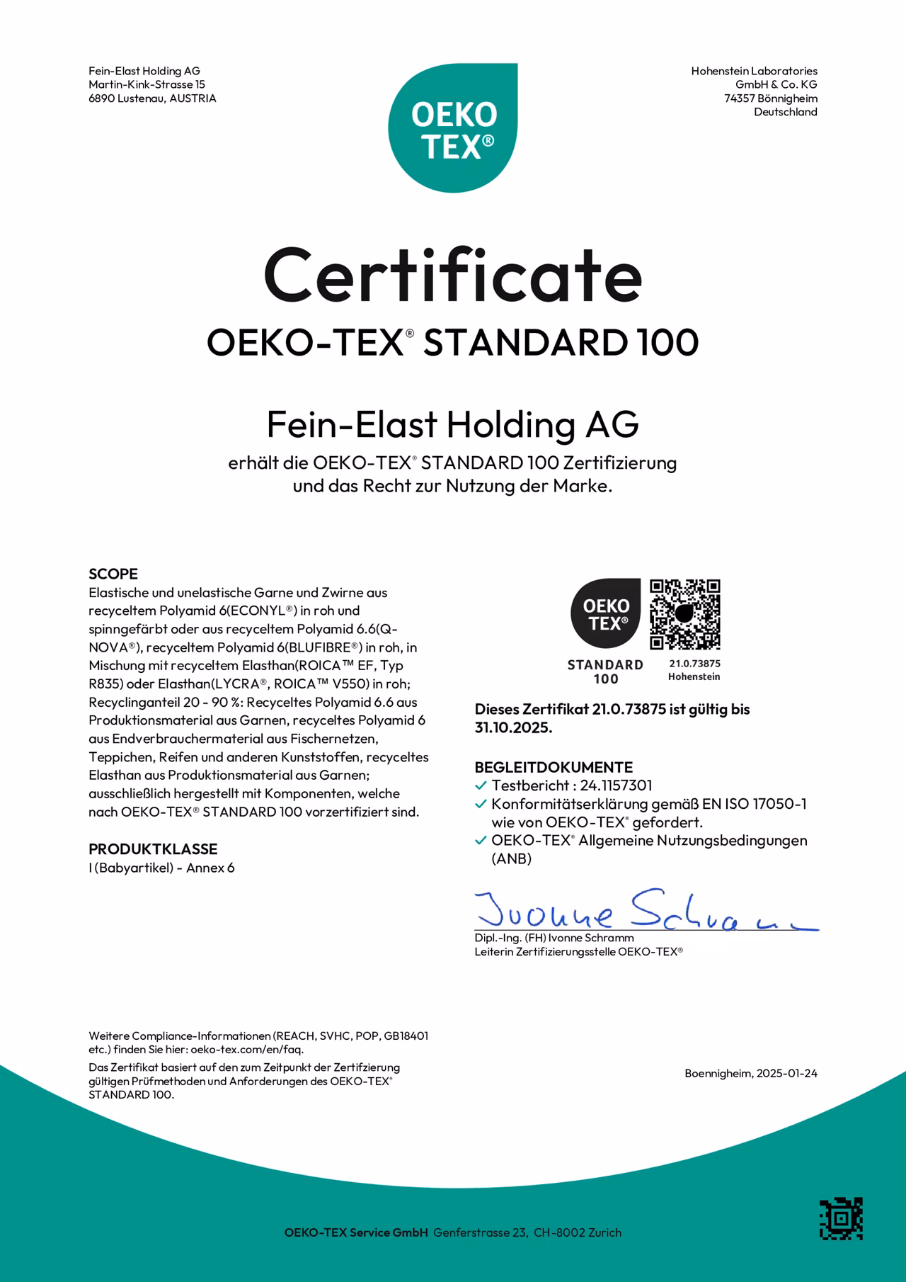Zertifikat OEKO-TEX STANDARD 100 für recycelte Garne